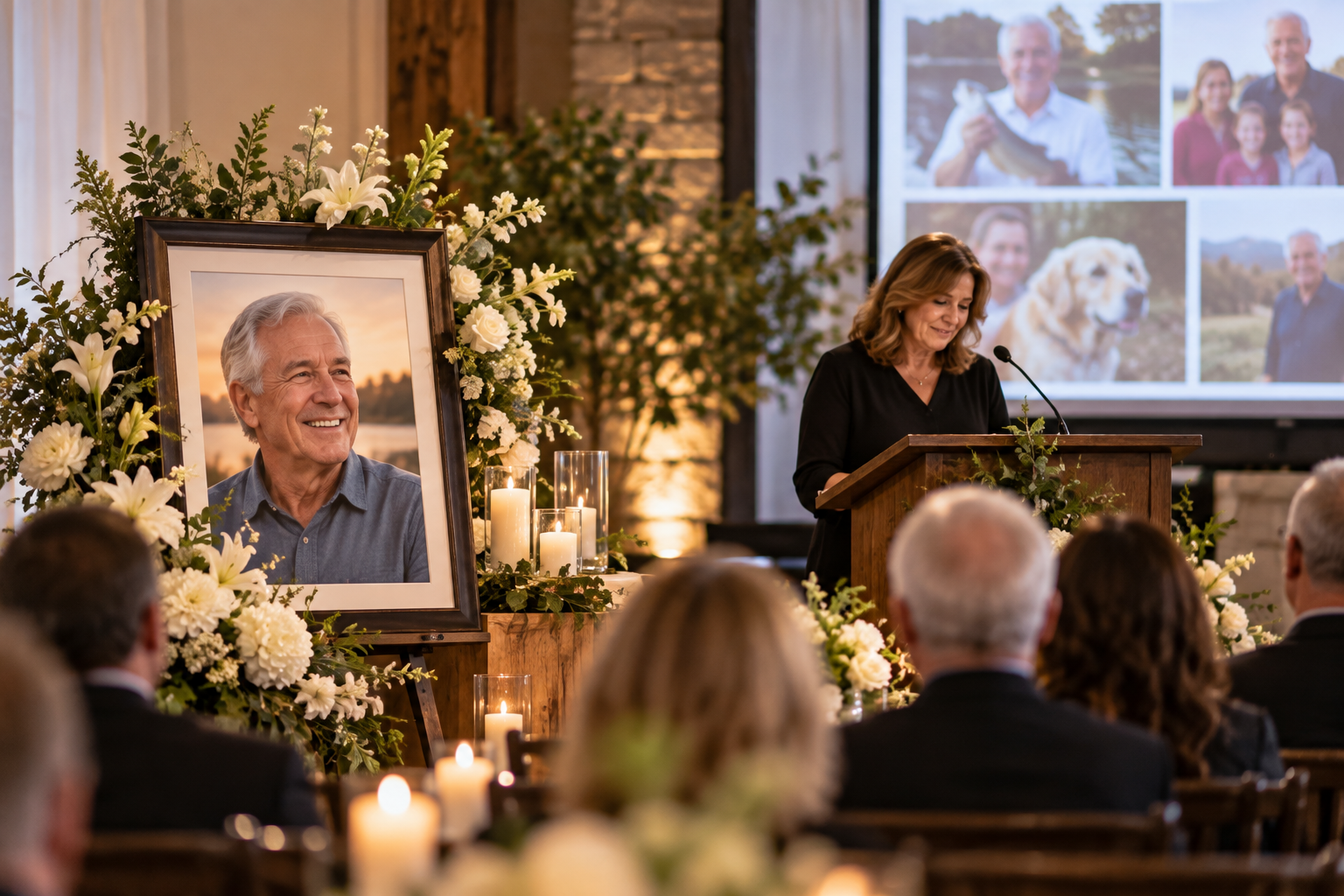 A woman giving a speech at a memorial service or funeral with a large portrait of an elderly man surrounded by white flowers and candles. A slideshow of photos of the man is visible on a screen in the background, showing him with family and outdoors.