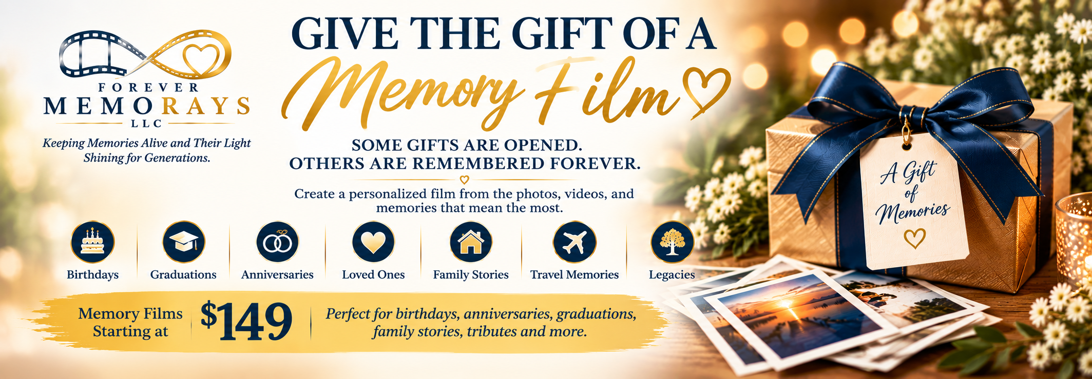 Memory Film gift flyer. Forever MemoRays Memory Film gift promotion featuring a gift box, blue ribbon, printed photographs, and flowers.