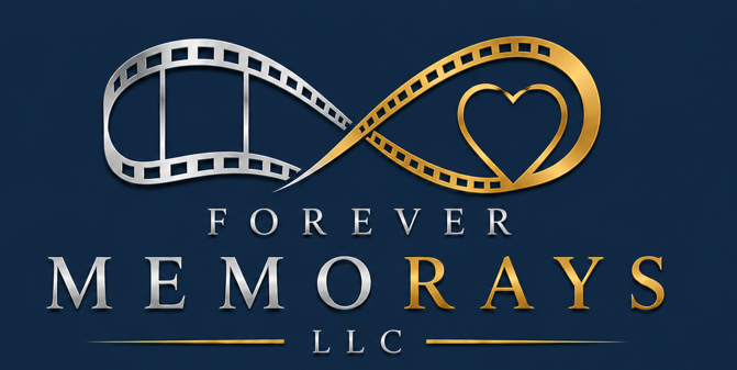 A logo with a film strip forming a heart shape, featuring metallic silver and gold colors on a dark blue background, with the text "Forever Memo Rays LLC".