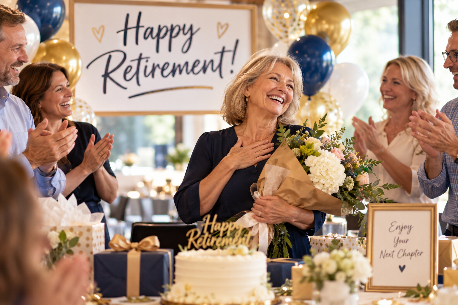 A woman receives a bouquet of flowers during a retirement celebration, surrounded by smiling and clapping guests. The background features a large sign that reads 'Happy Retirement!' decorated with balloons and wedding-themed decorations, with a table of gifts and a cake in the foreground.