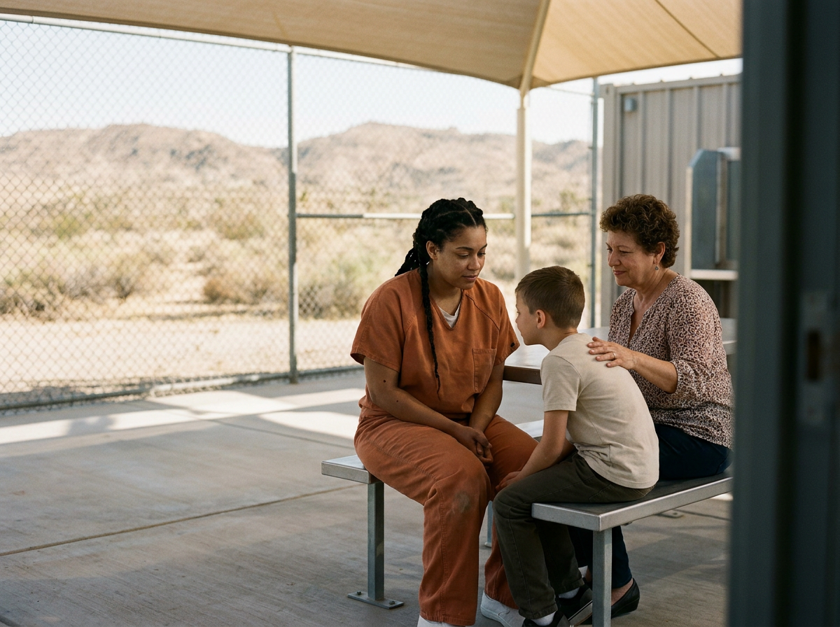 Three people sitting on a bench outside, engaging in conversation; a woman in orange prison jumpsuit, a young boy, and an older woman, with desert mountains in the background.