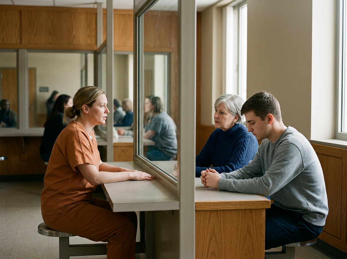 A woman in a brown uniform talking to an elderly woman and a young man separated by a glass partition in an office or interview room.