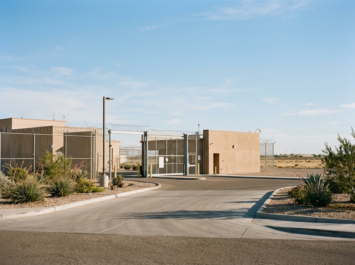 Secure government or military facility with high chain-link fence topped with barbed wire, a small beige building, and a paved driveway in a desert landscape under a blue sky.