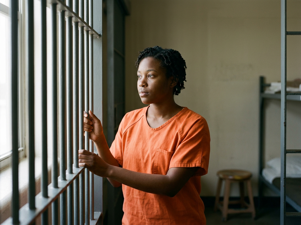 A young woman in orange prison jumpsuit looking out of a barred window.