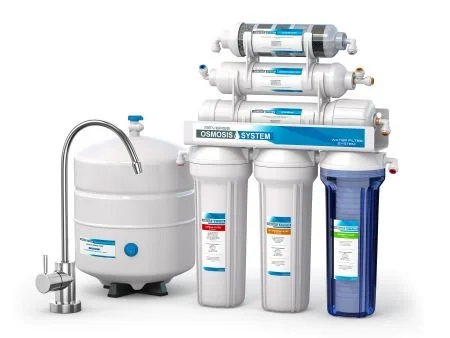 A multi-stage water filtration system with various filters and a faucet.