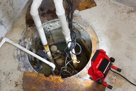 A plumber's inspect point with exposed pipes and tools around a sump pump well.