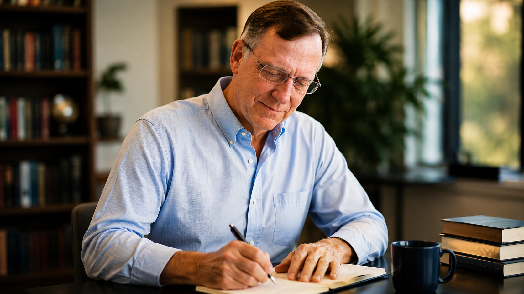 Tom Heaton writing at his desk