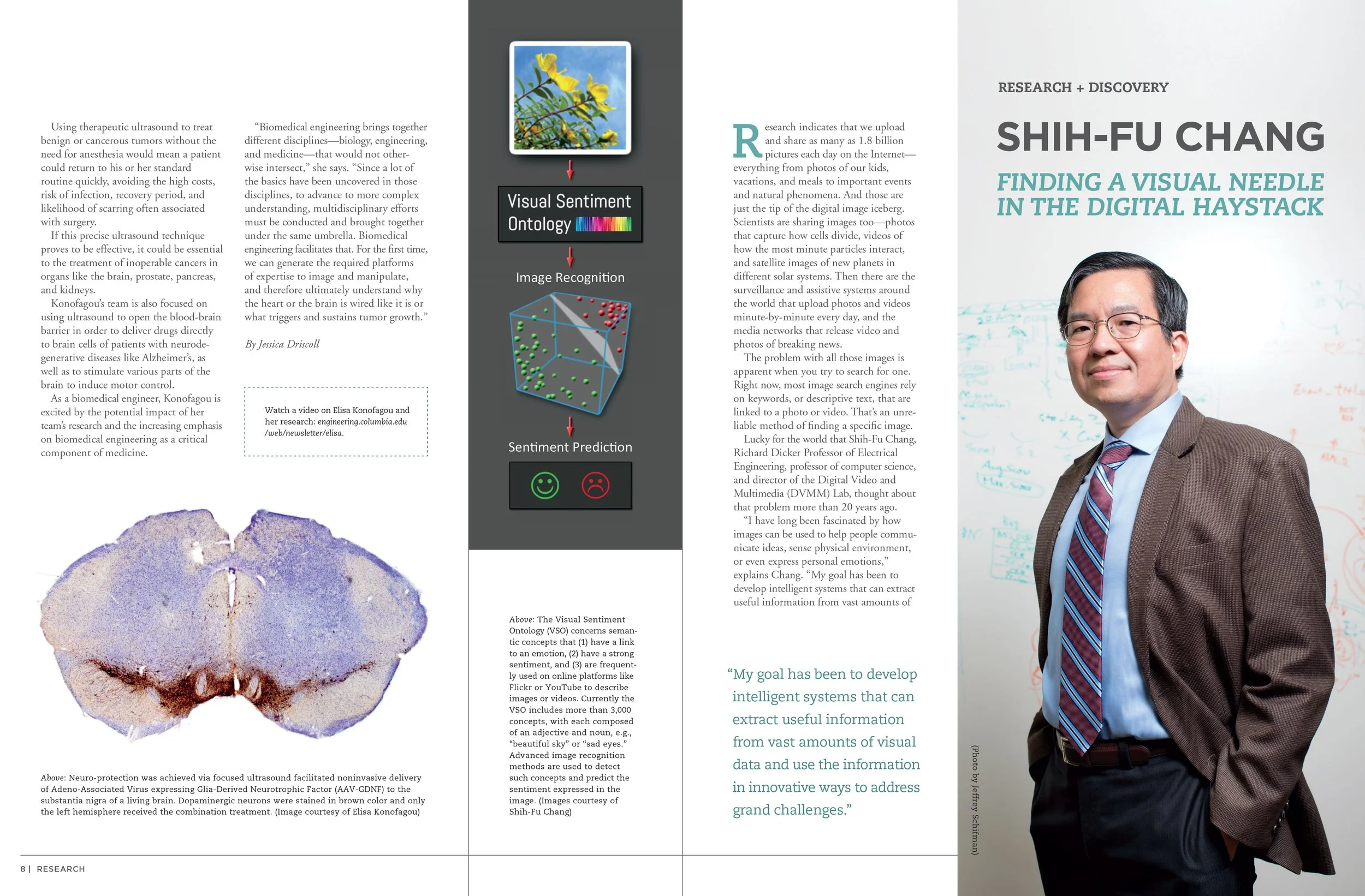 Page from a research publication with an image of a brain section at the bottom left, a photo of an engineer on the right, and a flowchart