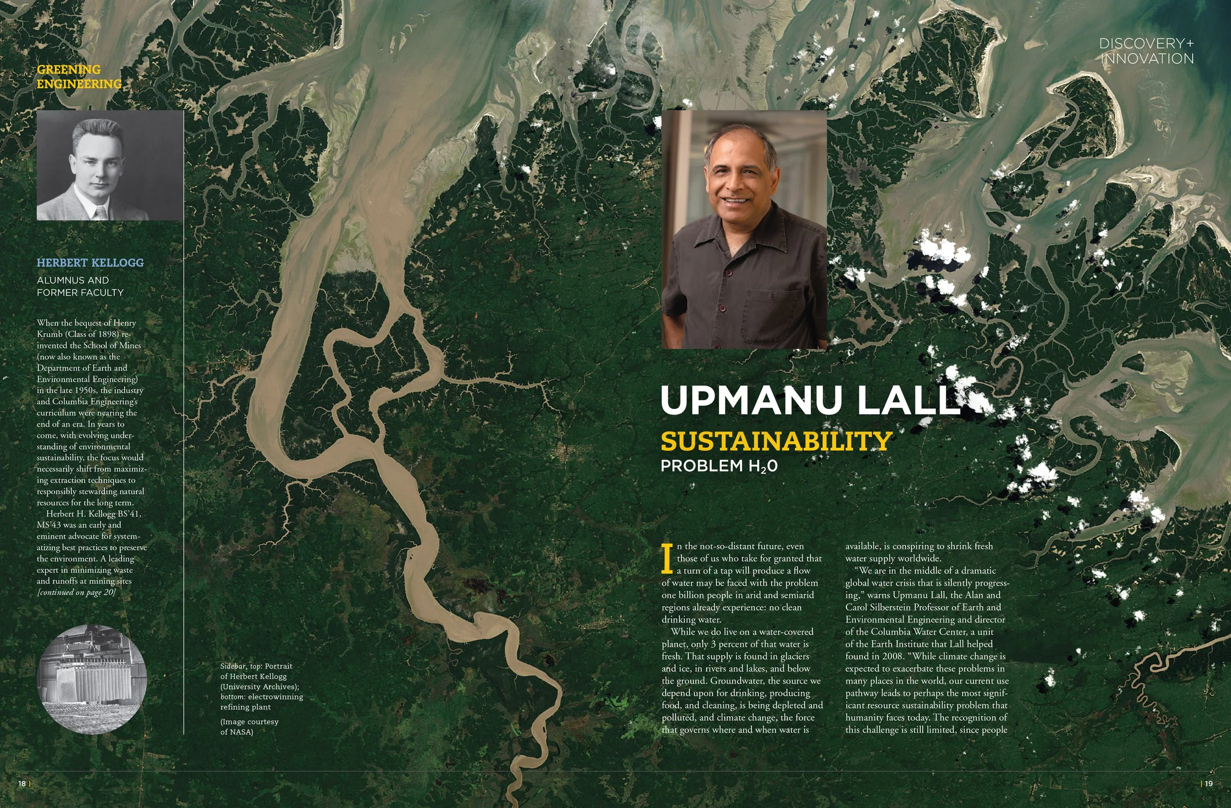 An infographic displays a satellite image of a river delta with overlaid portraits and accompanying text about environmental sustainability and water management.