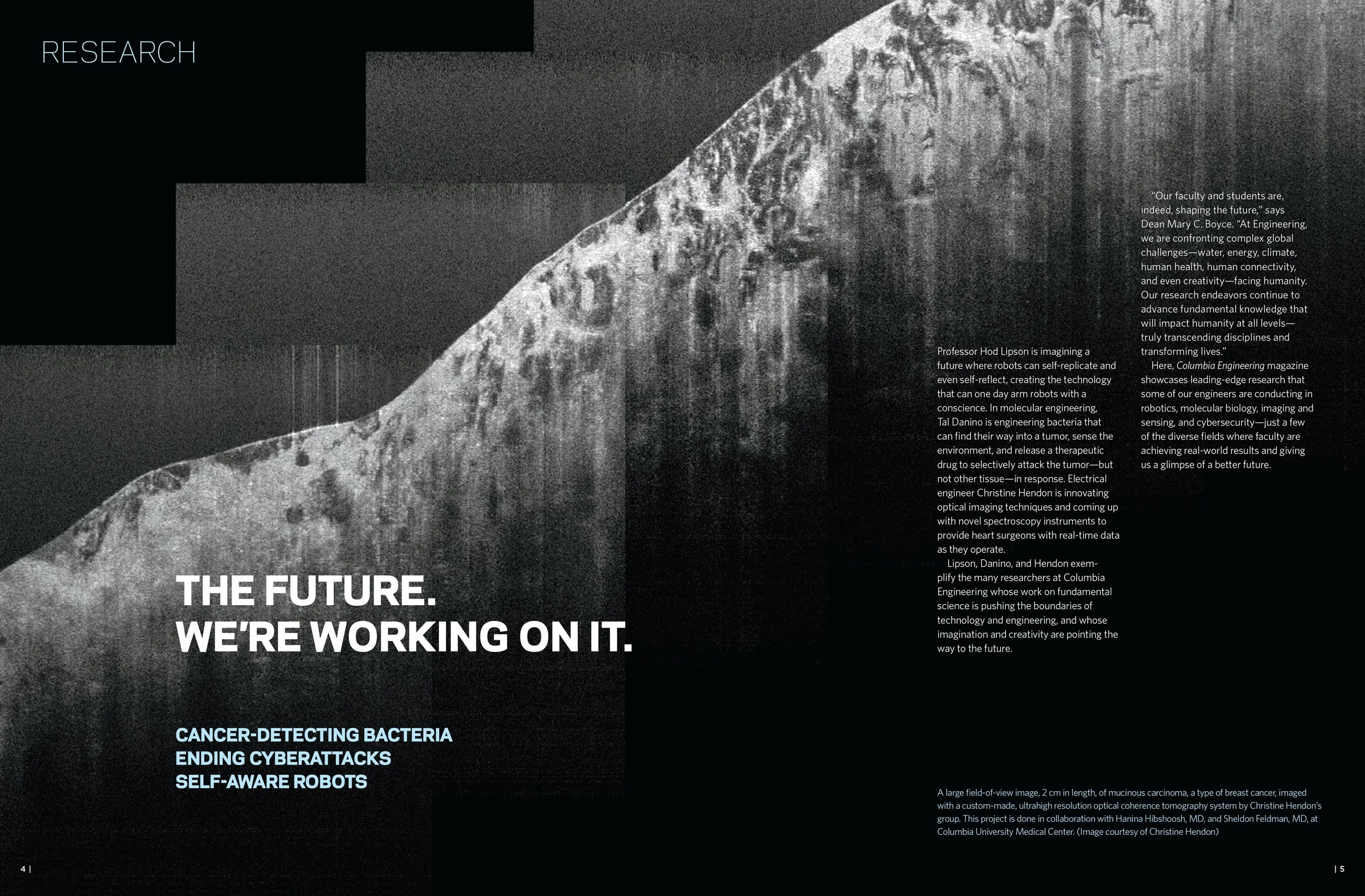 A magazine spread with a black and white textured background with large bold text: ‘THE FUTURE. WE'RE WORKING ON IT.’