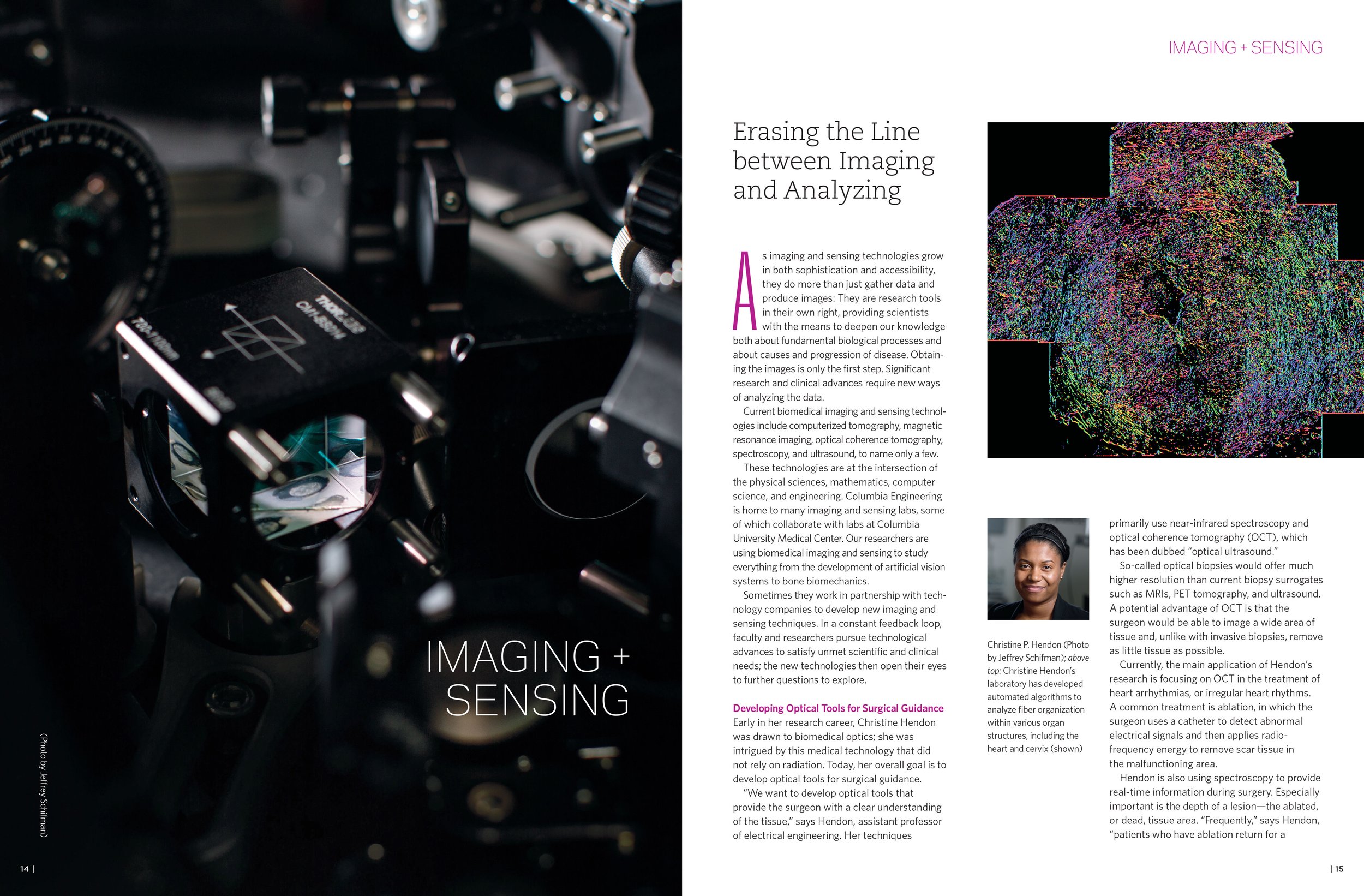 Close-up of scientific imaging equipment with a digital image of a colorful brain scan on a screen. The page includes text about imaging and sensing technologies in medical research.