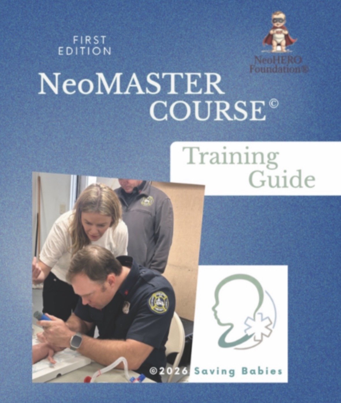 Cover of NeoMASTER Course Training Guide with a photo of a woman and police officer practicing infant CPR, and a logo of a child's profile with a snowflake shape in the background.
