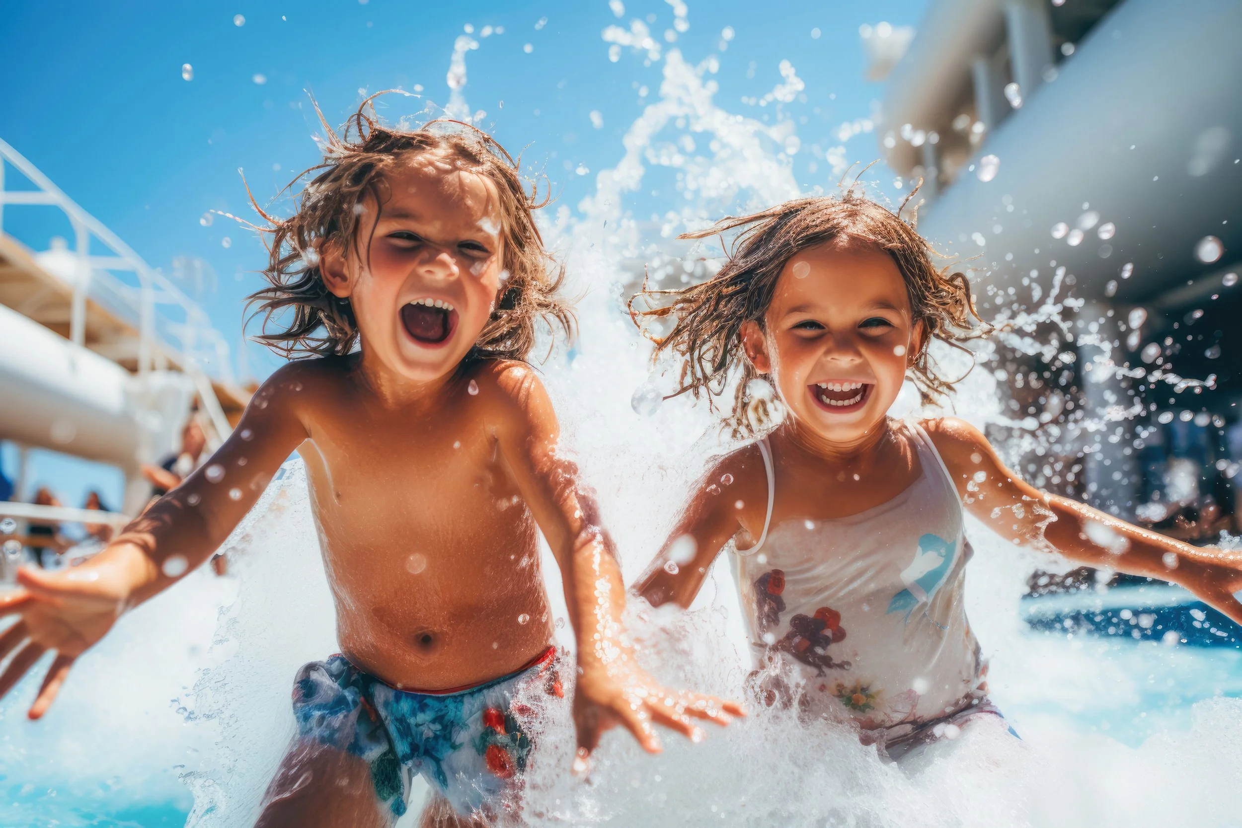 Two children, a boy and a girl, smiling and playing in the water on a bright, sunny day.