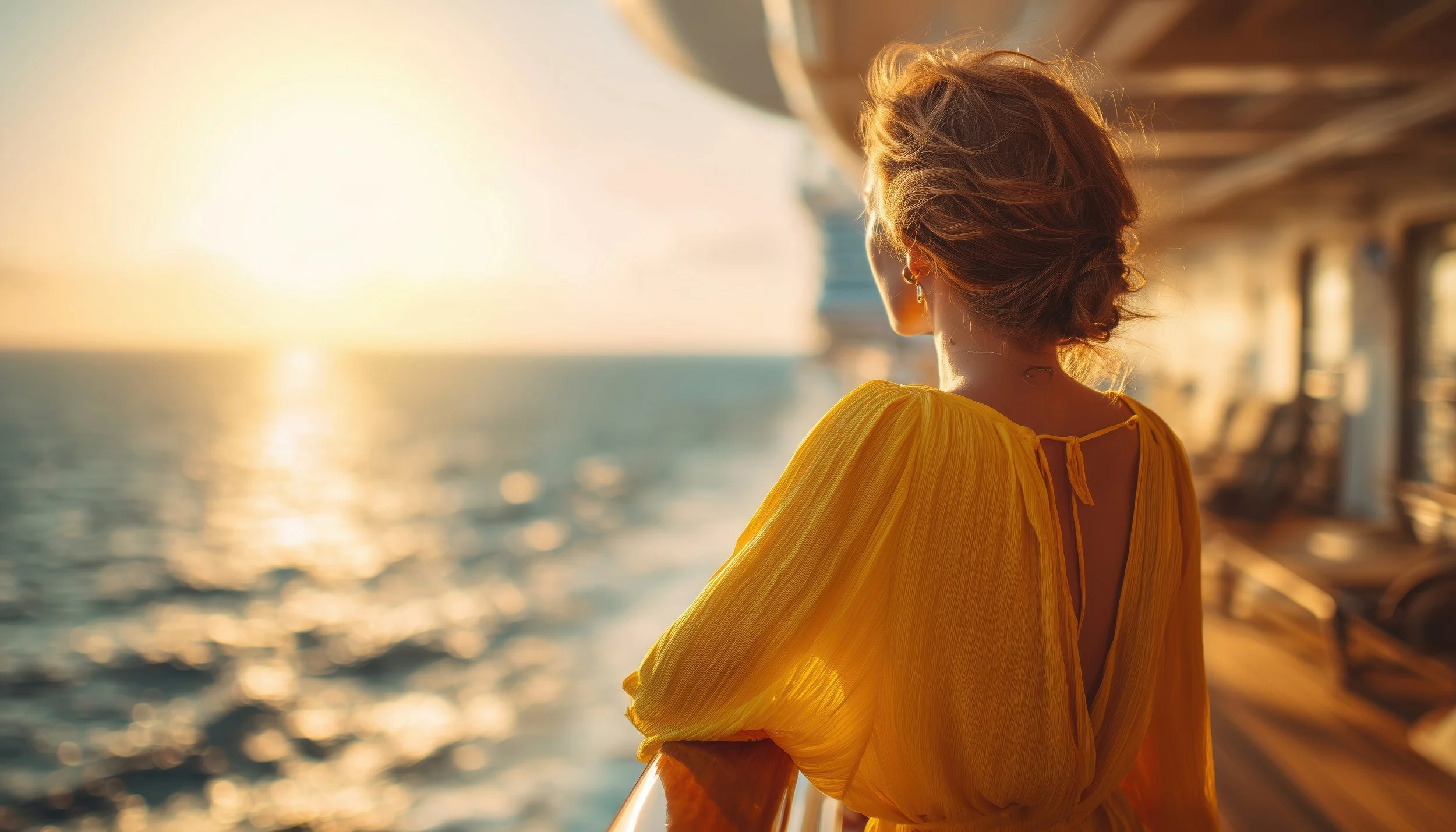 A woman with curly hair wearing a yellow dress standing on a boat during sunset, looking toward the water.
