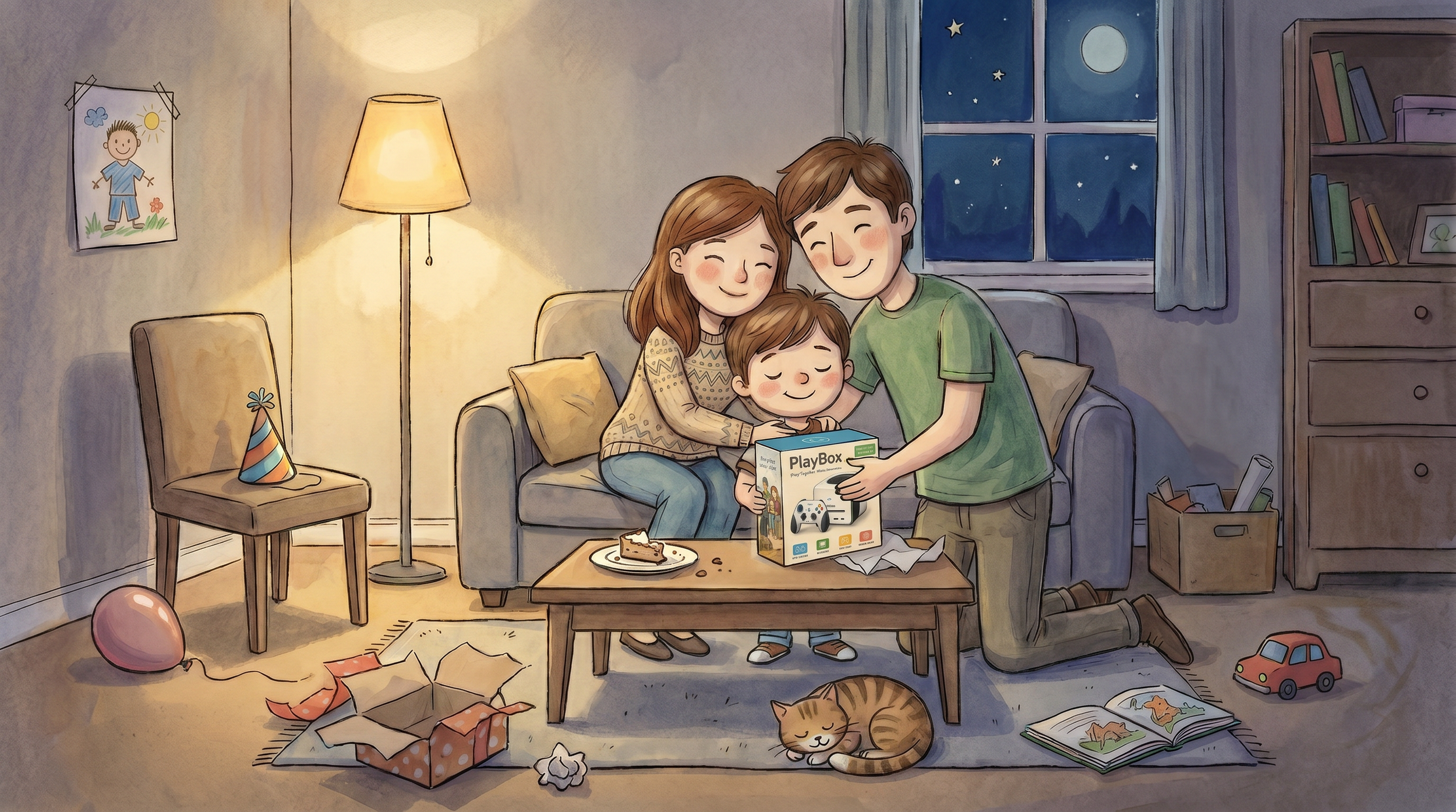 Timmy celebrates his birthday with his parents while holding his new game console.