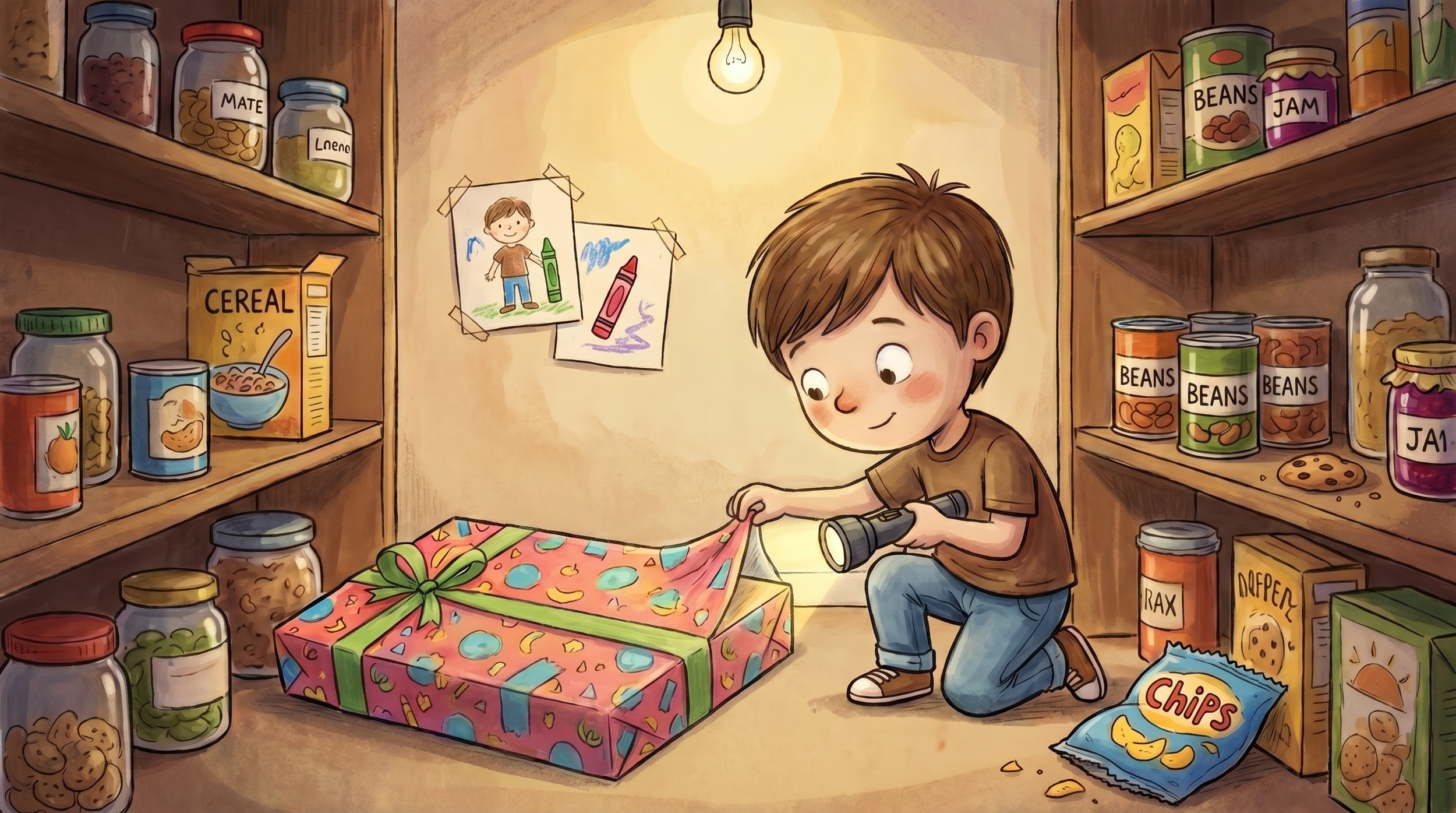 Timmy shines a flashlight on a wrapped birthday present.
