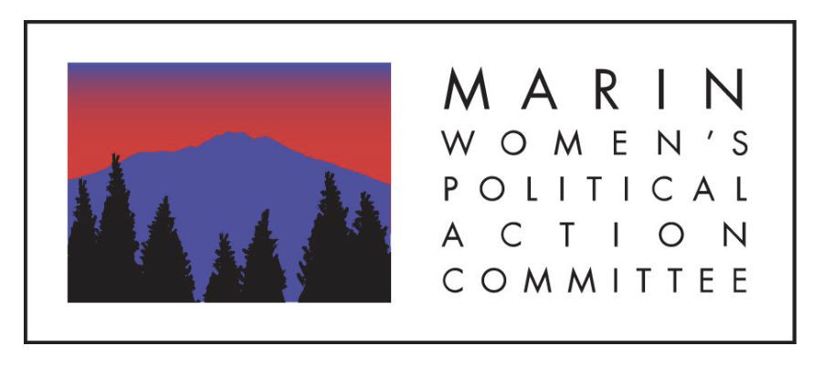Logo for Marin Women's Political Action Committee featuring a mountain silhouette and trees with a red and blue sky background.