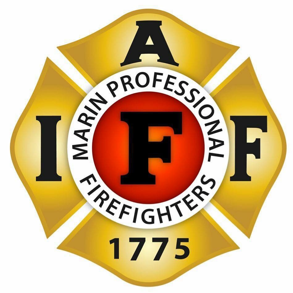 Logo of the Marin Professional Firefighters with a gold fire badge design, black letters, and a red circle in the center with a black 'F'.