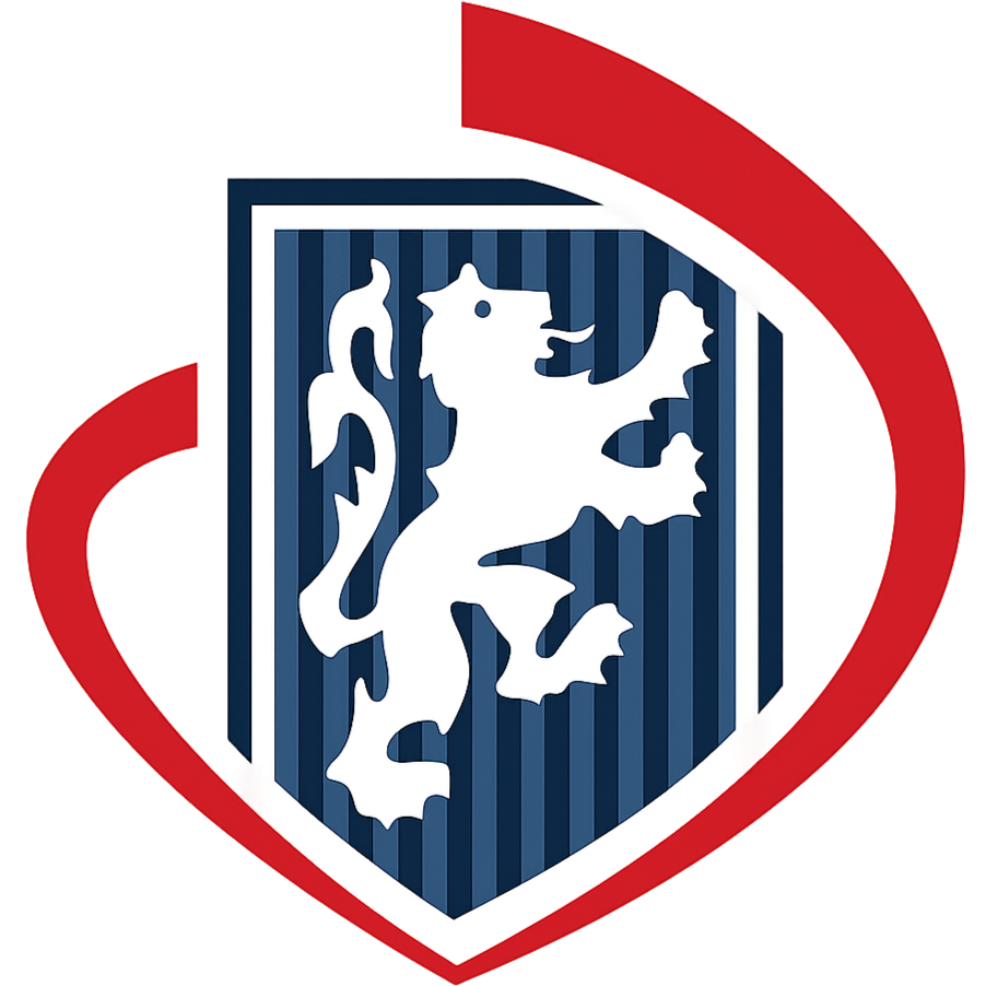 A logo with a shield featuring a white lion on a blue striped background, surrounded by red curves.