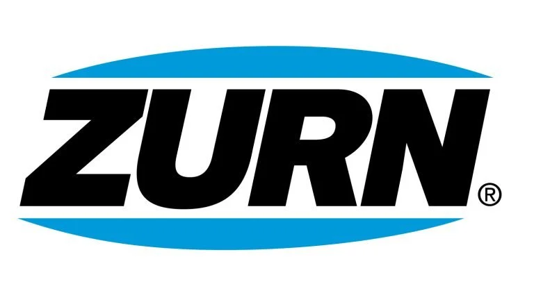 Zurn logo in black text with blue curved lines above and below