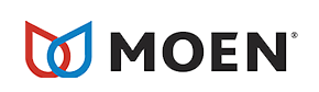 MOEN logo with a stylized red, blue, and black water drop symbol