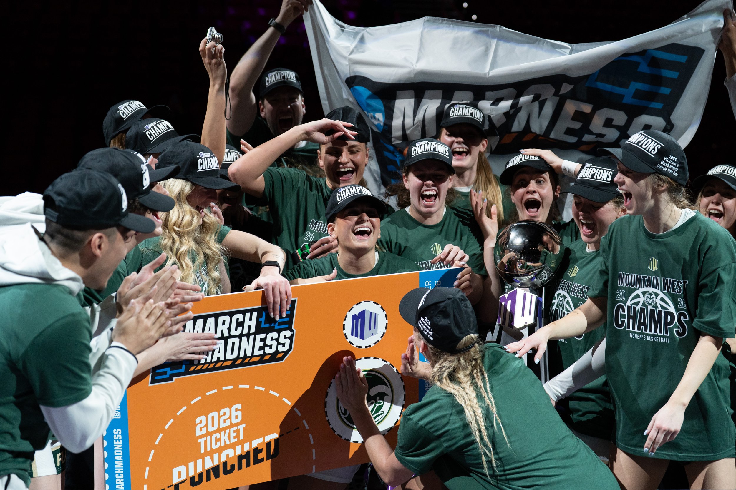 Colorado State women's basketball celebrate securing a spot in the March Madness tournament, Tuesday, March 10, 2026, at the Thomas & Mack Center in Las Vegas, Nev.