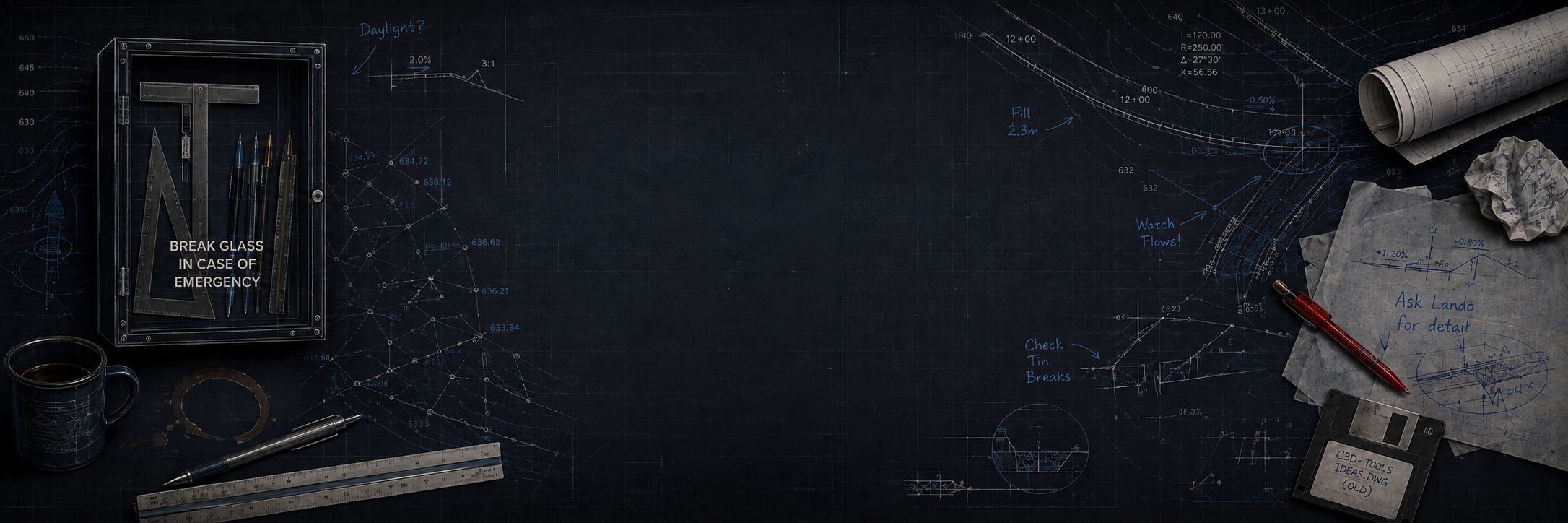 Blueprints, tools, and sketches on a drafting table for engineering or construction work.