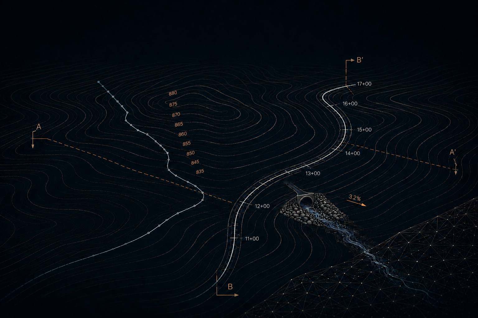 A detailed diagram of a terrain profile with contour lines, elevation markers, and a stream, overlaid with technical markings and annotations, set on a dark background.