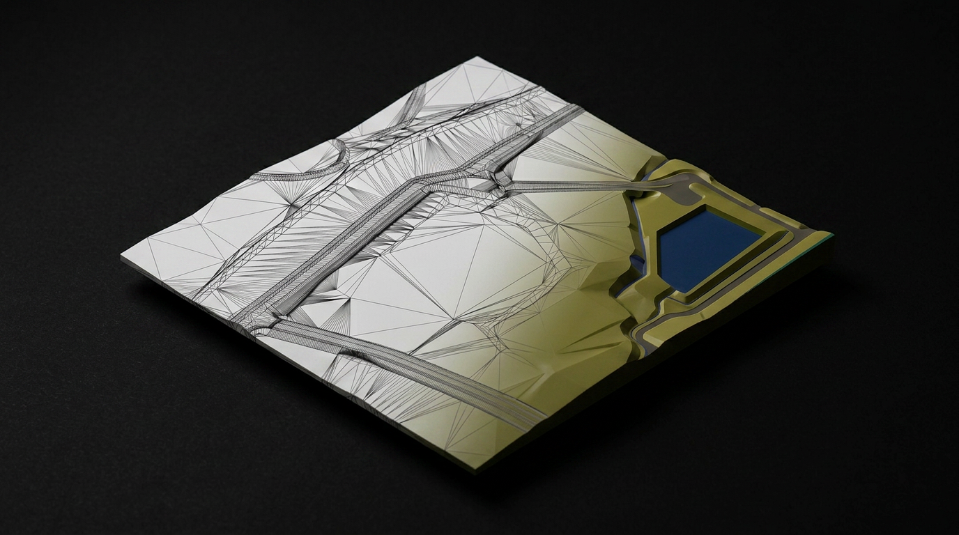 A 3D model of an electronic device, possibly a circuit board or microchip, with a gold-colored area and a black square inner component, placed on a black surface.