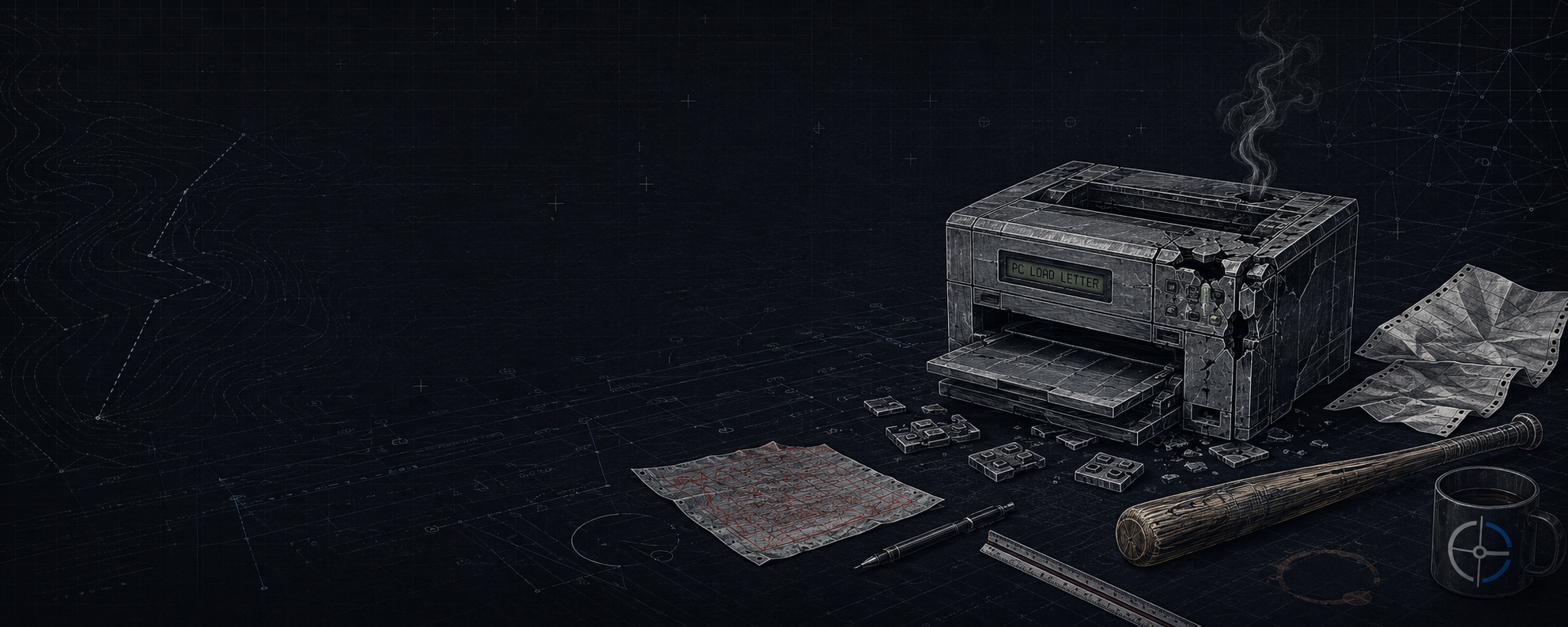 A futuristic, high-tech blueprint workspace with a black background, featuring a copier with smoke coming out, scattered film strips, a pen, ruler, and a mug with a target symbol.