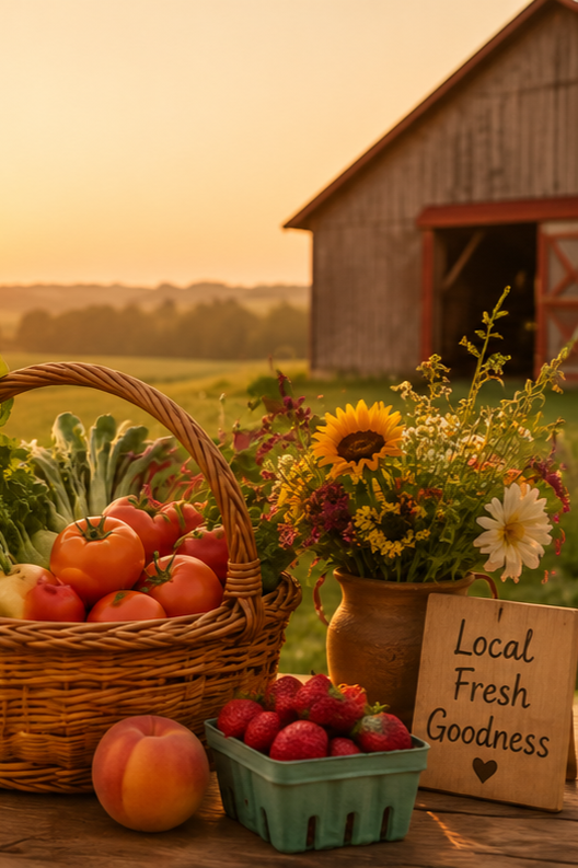Basket of ripe tomatoes, a peach, strawberries, a sunflower and other flowers in a flowerpot, and a sign reading 'Local Fresh Goodness' on a farm at sunset.