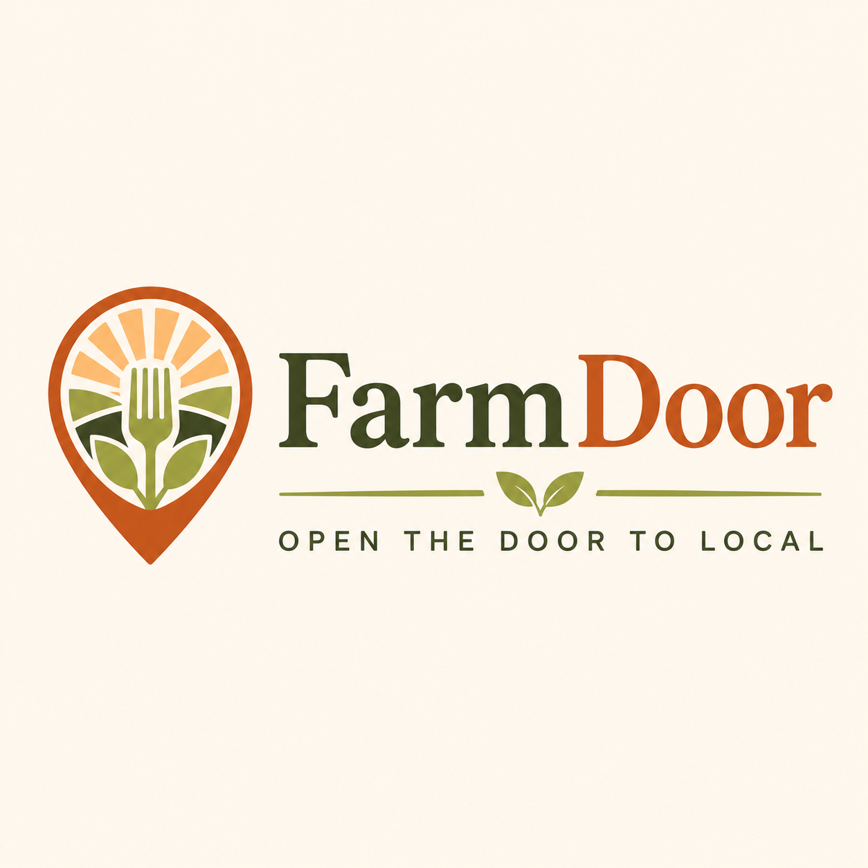 FarmDoor logo with a farm and sun emblem, featuring a fork and leaves, with the slogan 'Open the door to local'.