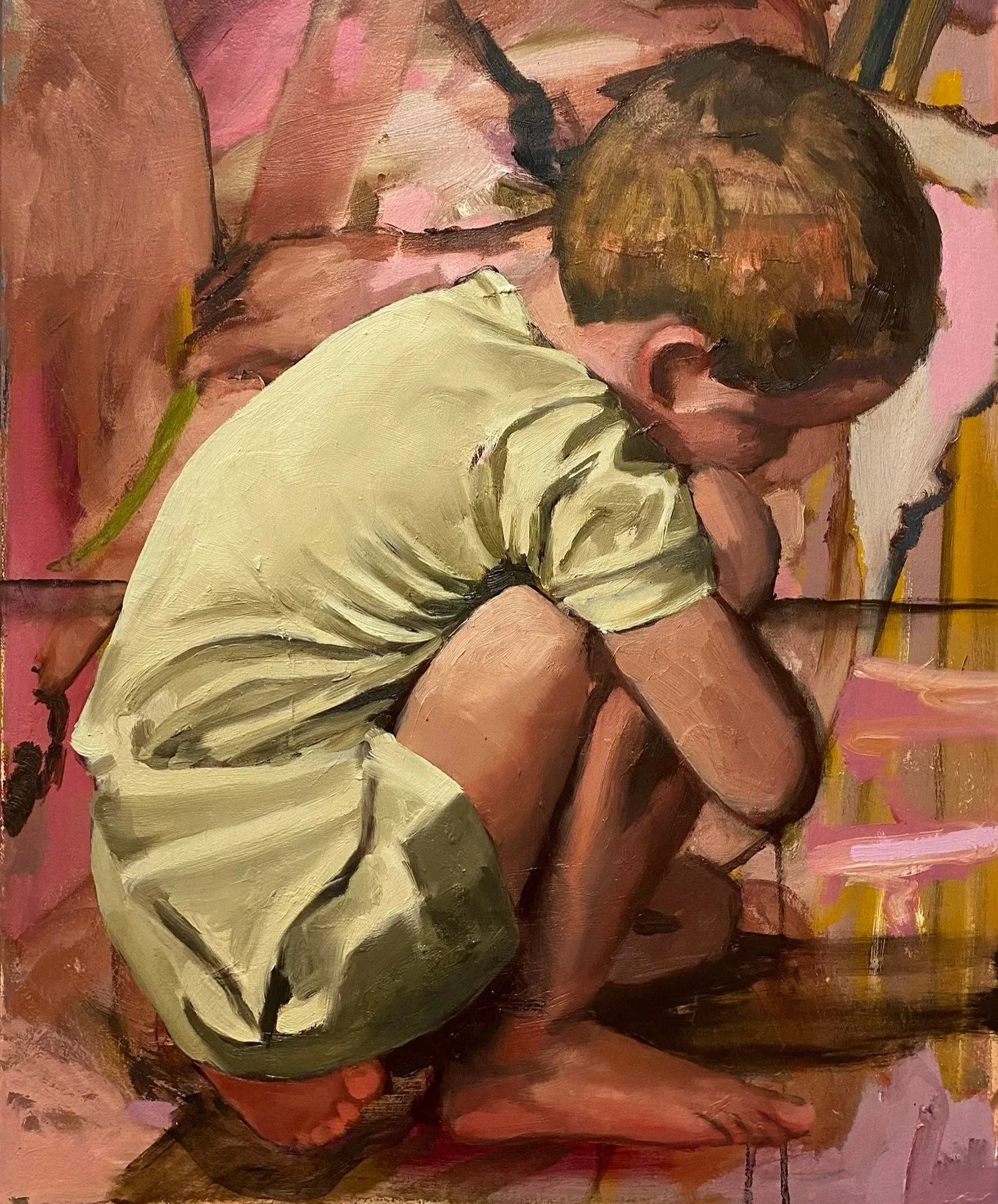 An abstract oil painting of a person with their head bowed, holding their knee with one arm, wearing a light-colored shirt, against a pink and warm-toned background.