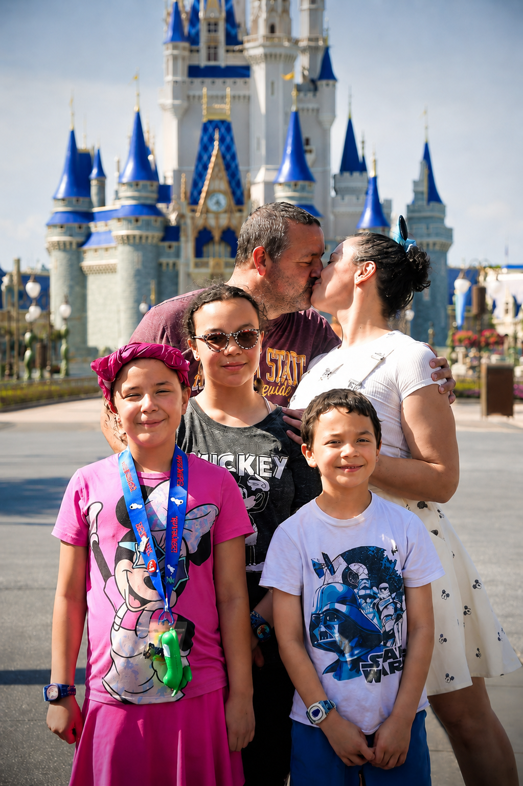 Dr. Lader's family of five in front of Sleeping Beauty Castle at Disney World. Mom and dad are kissing in the background. The children are smiling, wearing Disney-themed clothing, and the scene is bright and sunny.