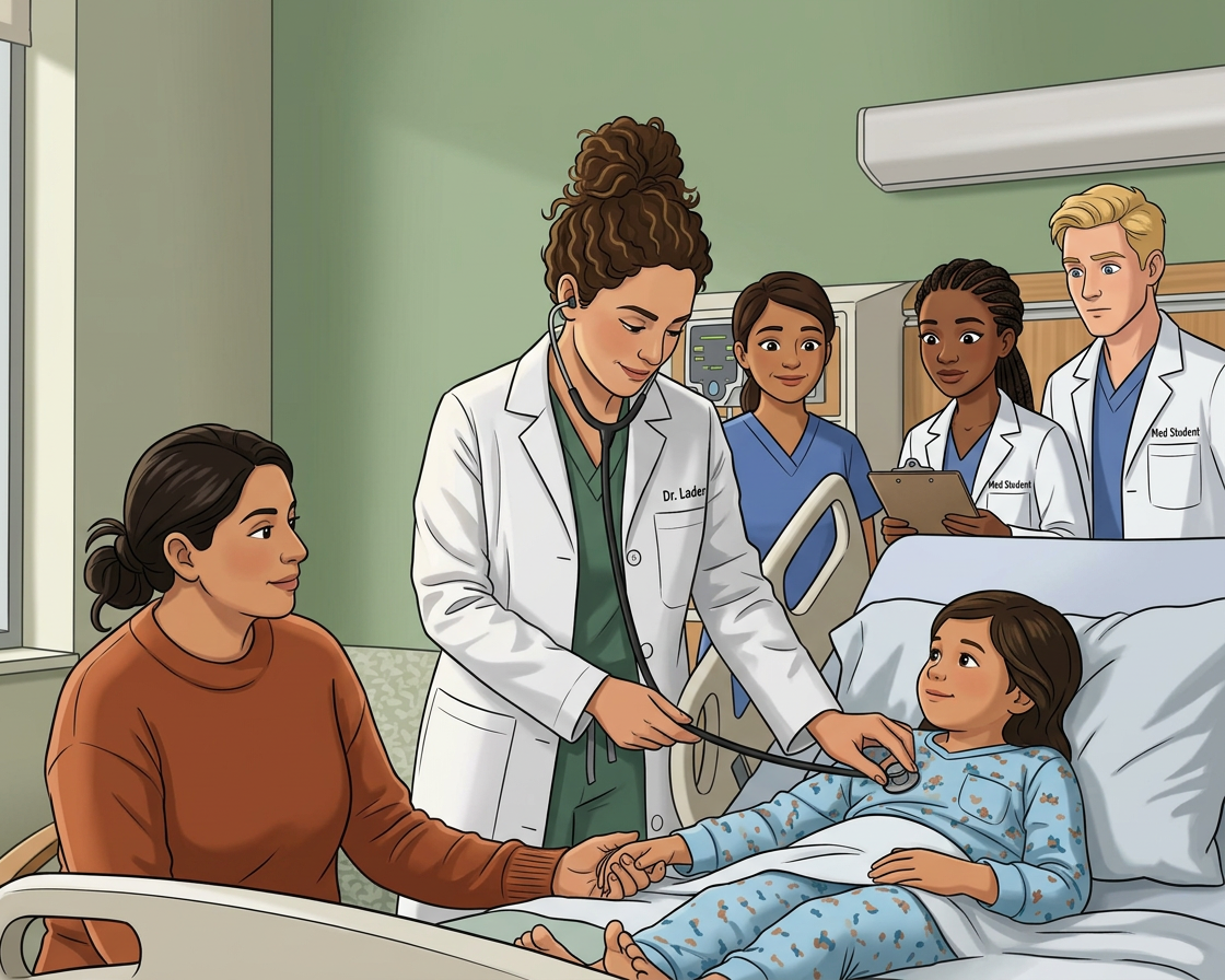 Young girl in hospital bed with mother, doctor listening to her chest with stethoscope, and medical staff observing.
