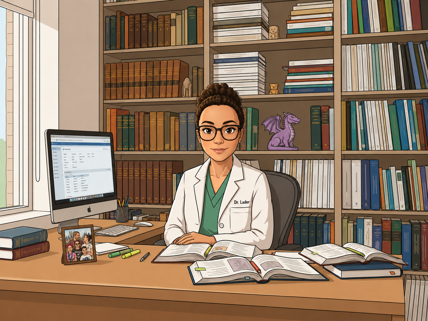 An animated woman doctor with glasses and curly hair, wearing a white lab coat with name tag Dr. Lader, sitting at a desk filled with open books, with a computer monitor, framed photo, and stationery, surrounded by tall bookshelves in a well-lit office.