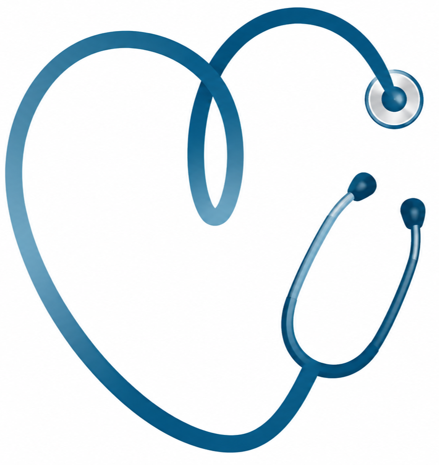 Illustration of a blue stethoscope shaped like a heart.