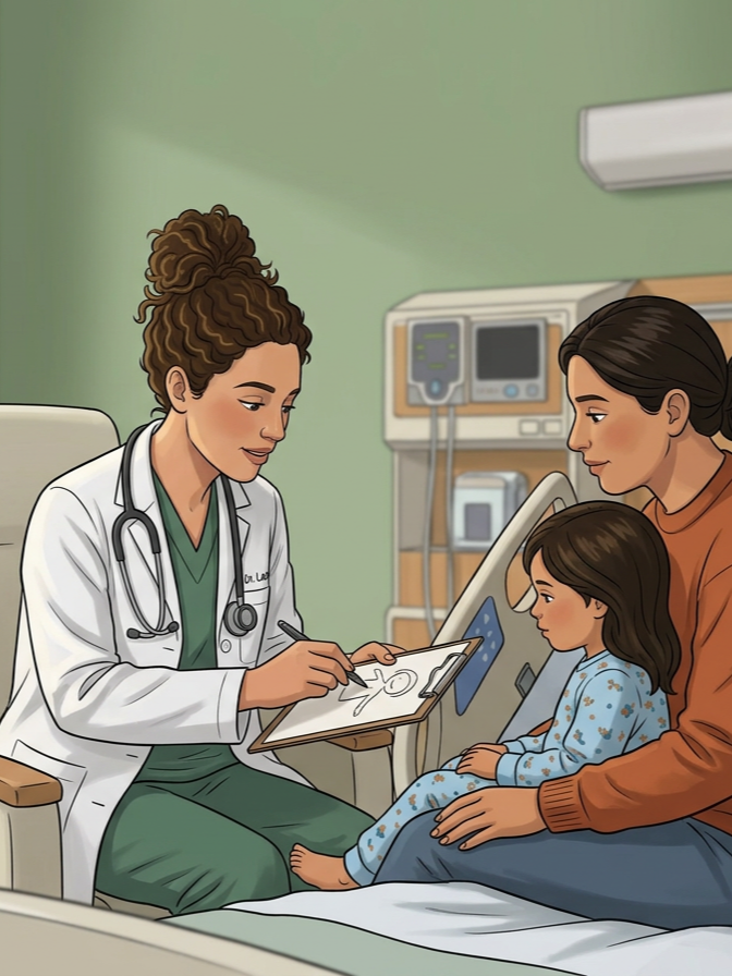 Doctor with stethoscope talking to a young girl and her mother in a hospital room.