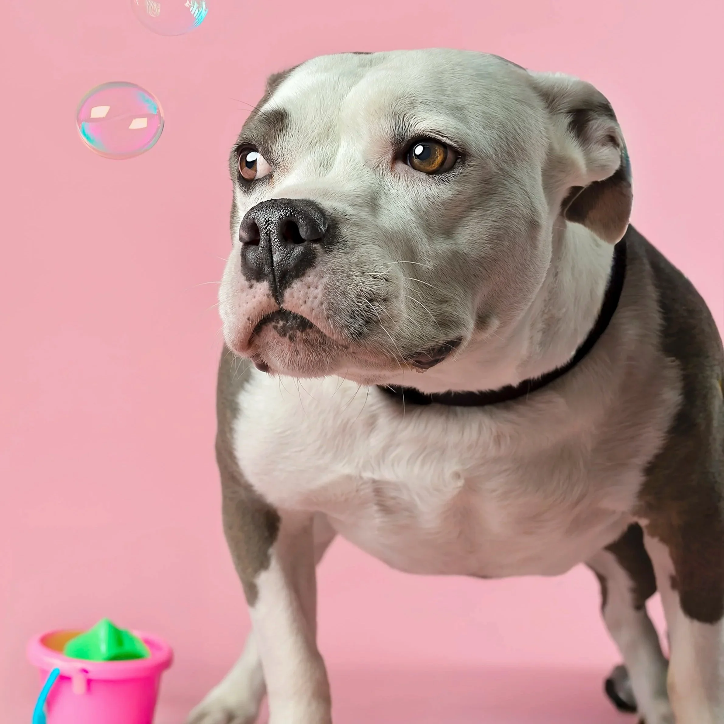 Janelle Joy Studios bulldog portrait on pink background — Warm, expressive studio image highlighting the bulldog’s personality.