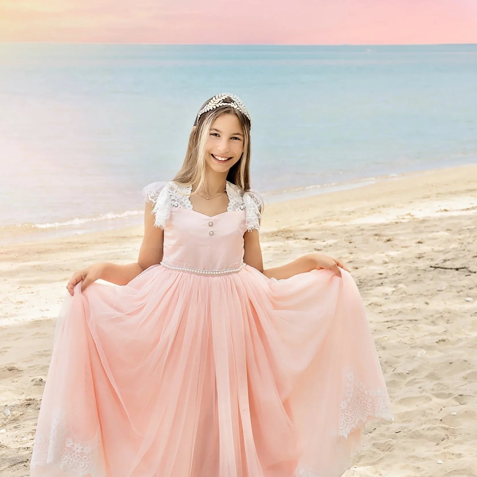 Princess session of little girl at Kincardine beach at sunset — Dreamy, whimsical portrait of a young girl in a princess dress glowing in the warm Lake Huron sunset.
