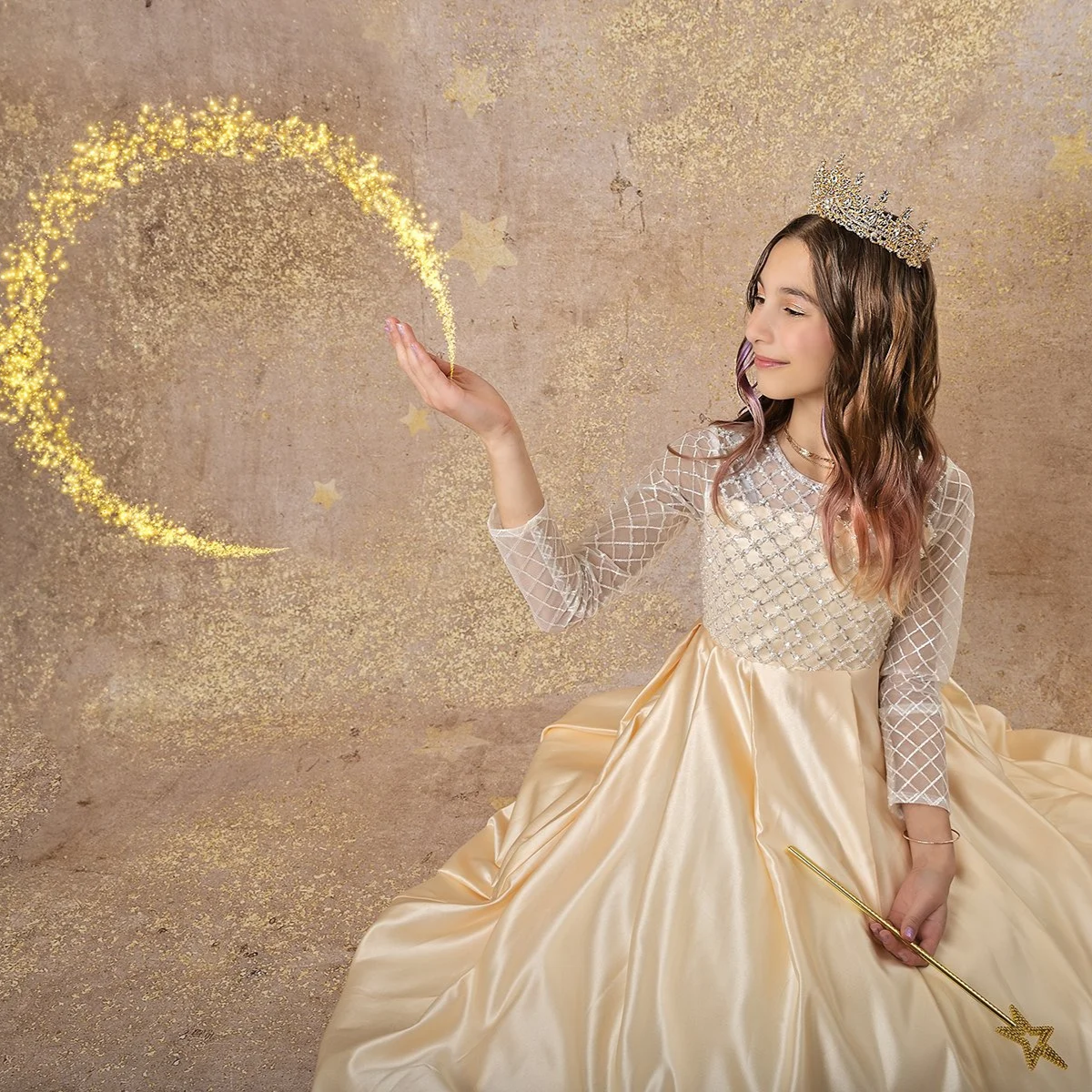 Custom princess portrait of girl in Kitchener Ontario — Warm, storybook‑style scene featuring a girl in a beautifully styled princess dress.