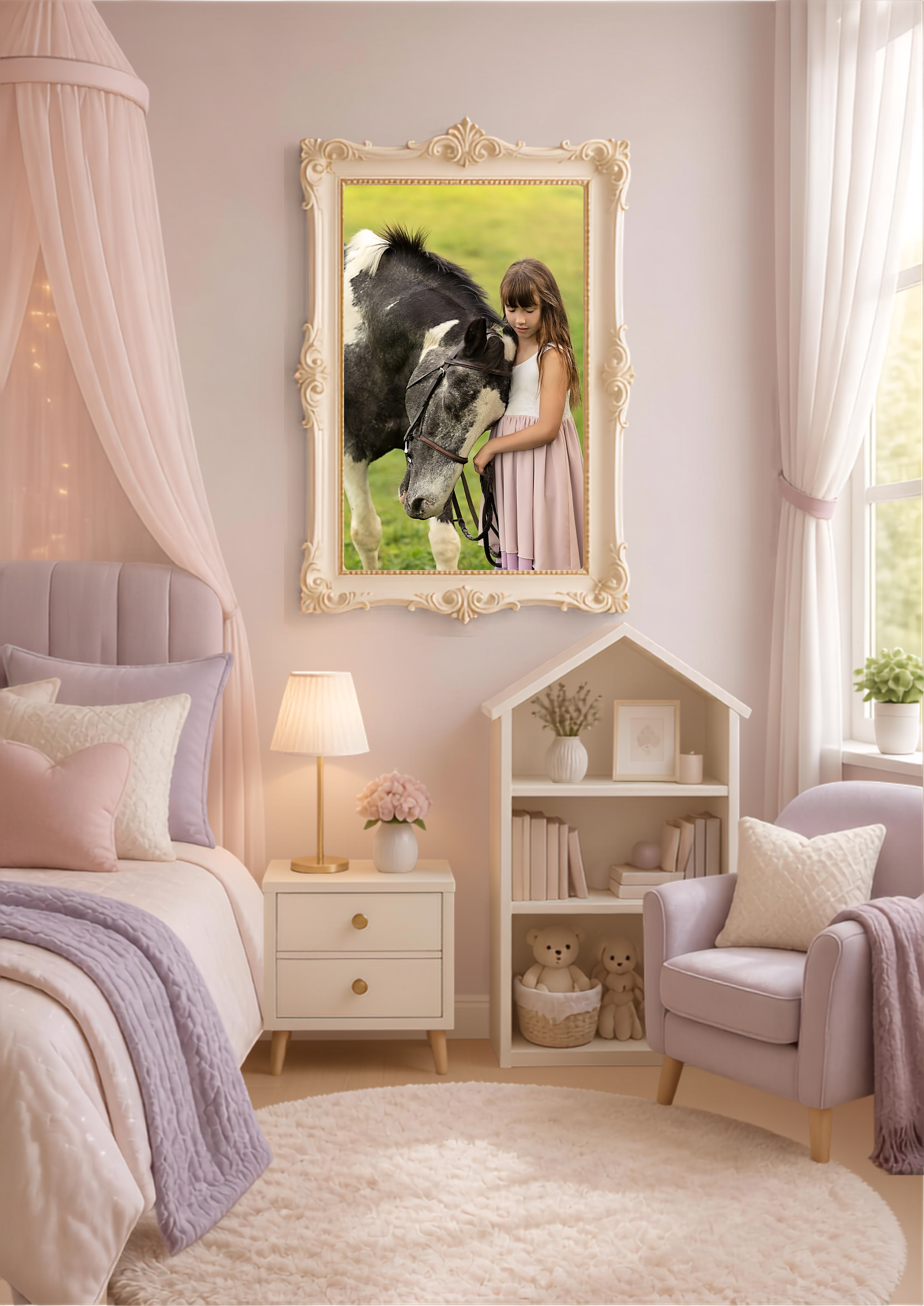 Decorative showcasing a cozy bedroom with pastel colors, plush bed with pillows and blanket, soft rug, side table with lamp and flowers, and a bookshelf with stuffed animals, all illuminated by natural light from large window with curtains.