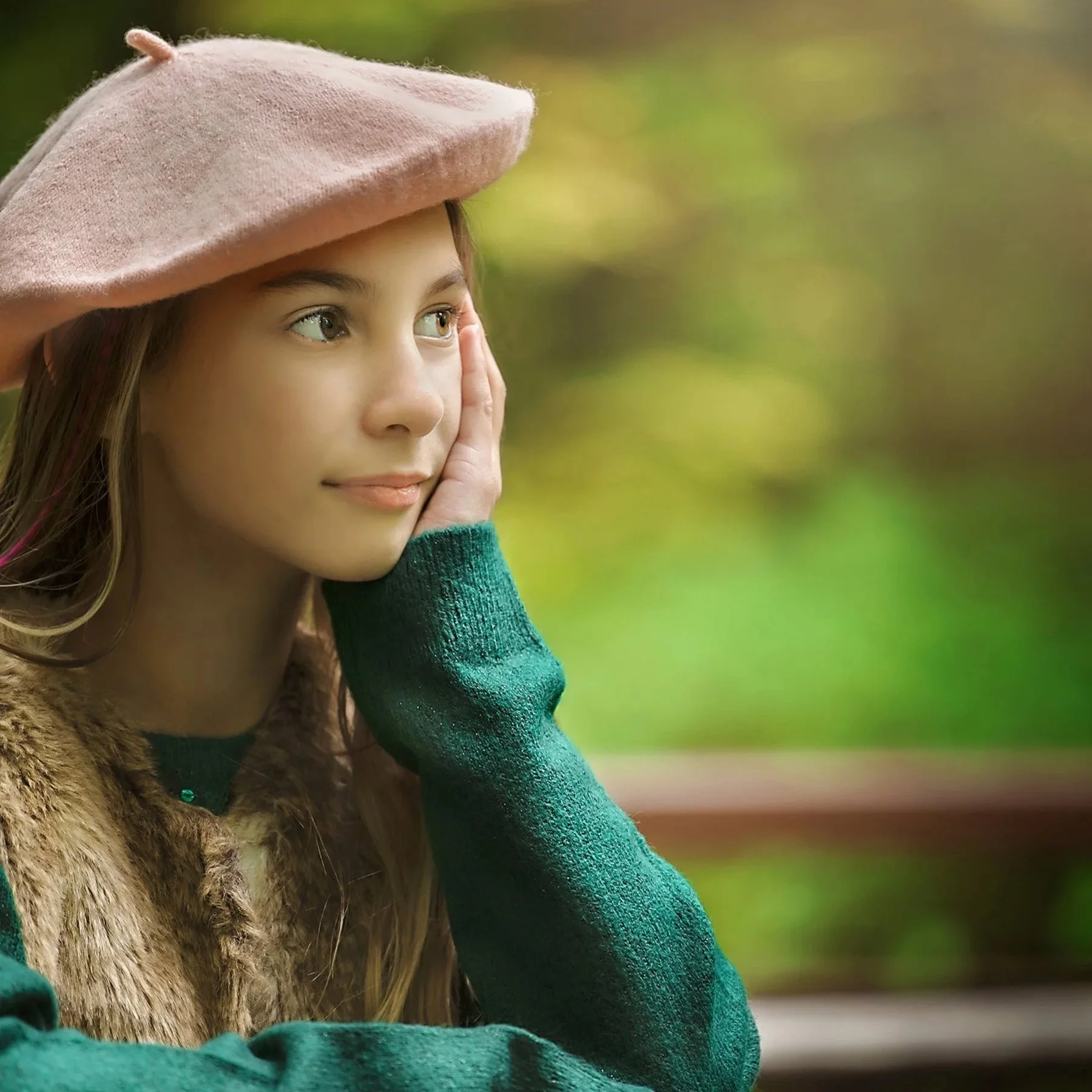 Kitchener Monarch Woods fine art fall session of tween girl — Whimsical, textured portrait highlighting rich fall tones and a serene woodland setting.
