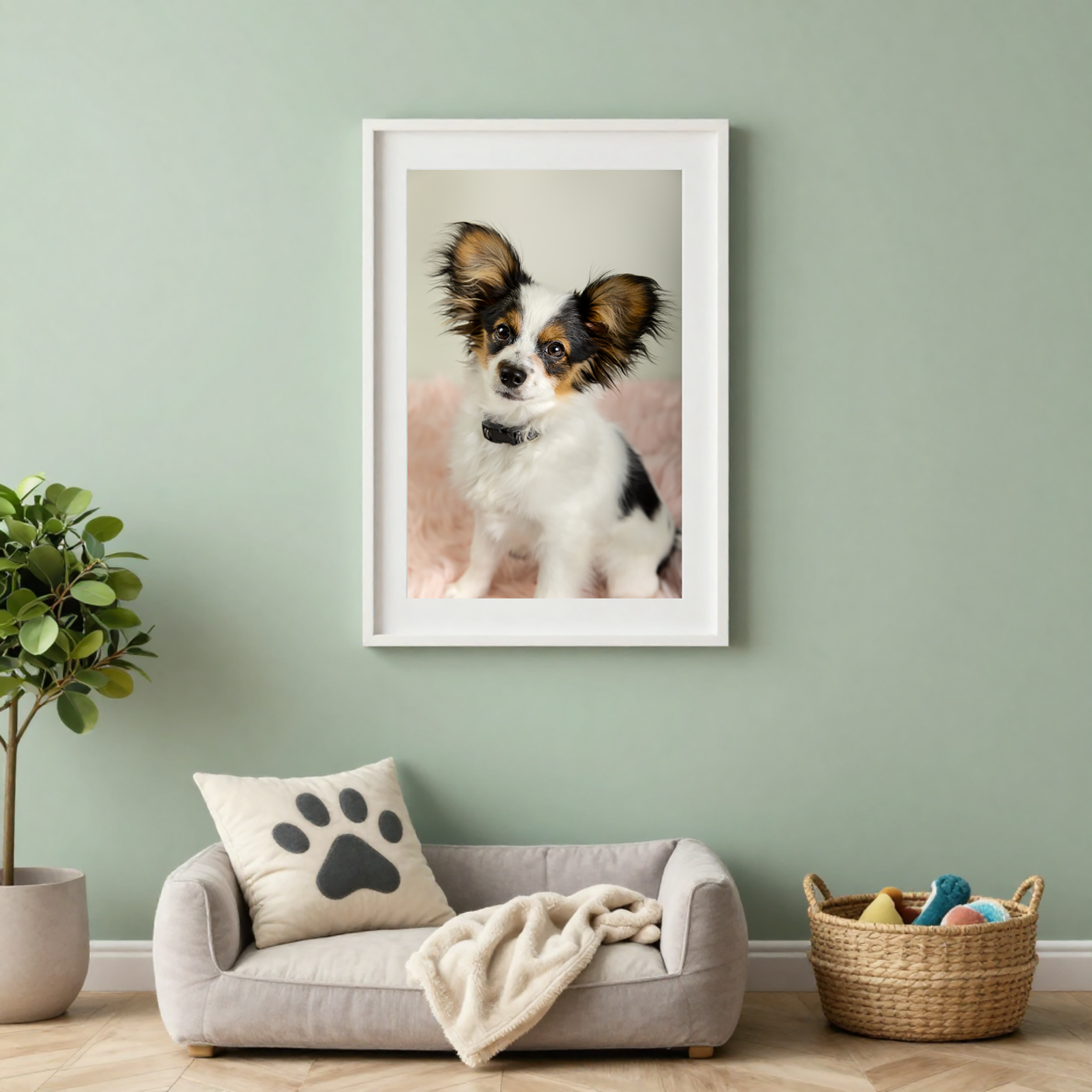 Room mockup featuring framed family, birth, cake smash, and pet photography by a Kitchener–Waterloo portrait photographer.