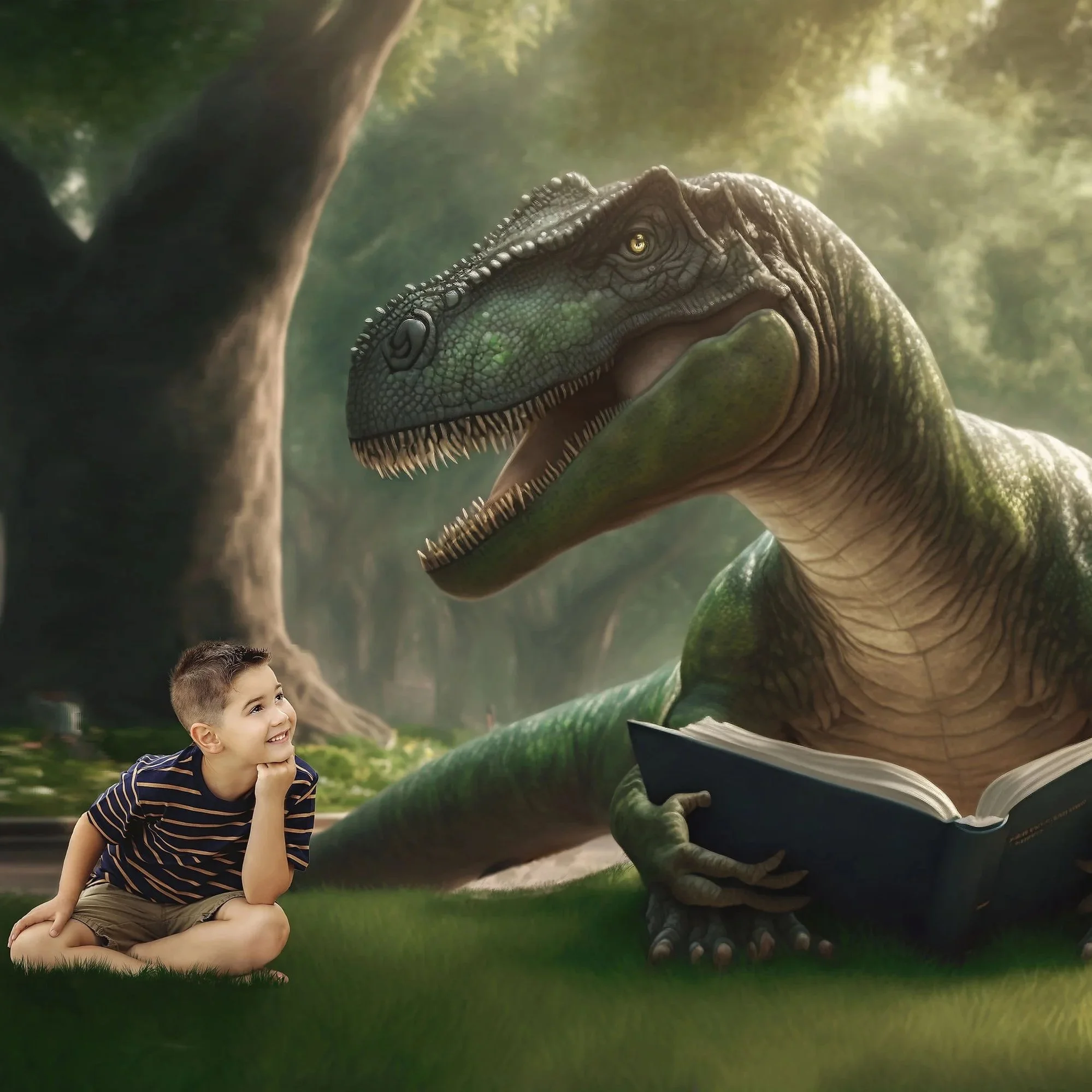 Dinosaur reading to little boy in Kitchener fine art composite — Whimsical storytelling portrait featuring a gentle dinosaur reading beside a young boy.
