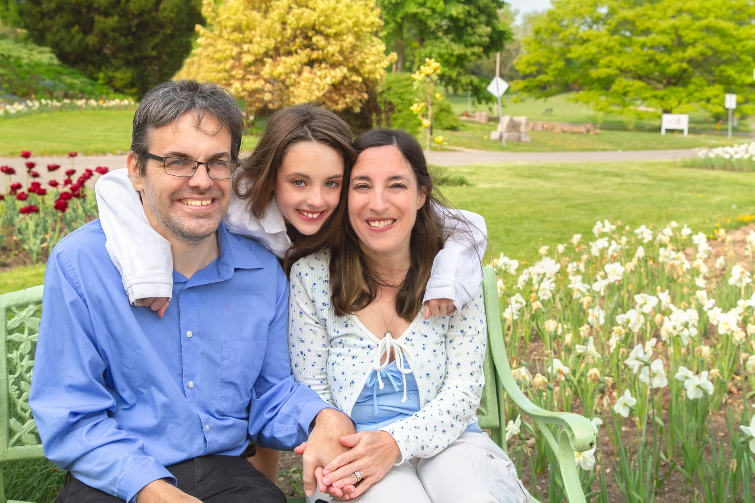Waterloo Region family photography session in a floral park — Relaxed group pose in a bright, in Rockway Gardens Kitchener