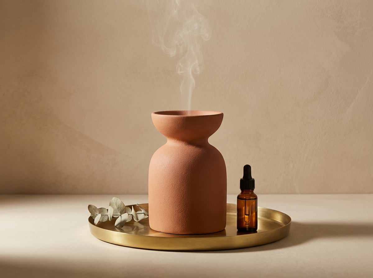 A pink, textured ceramic essential oil diffuser with steam rising from the top, placed on a golden tray with a small brown dropper bottle and a few eucalyptus leaves, against a beige wall.
