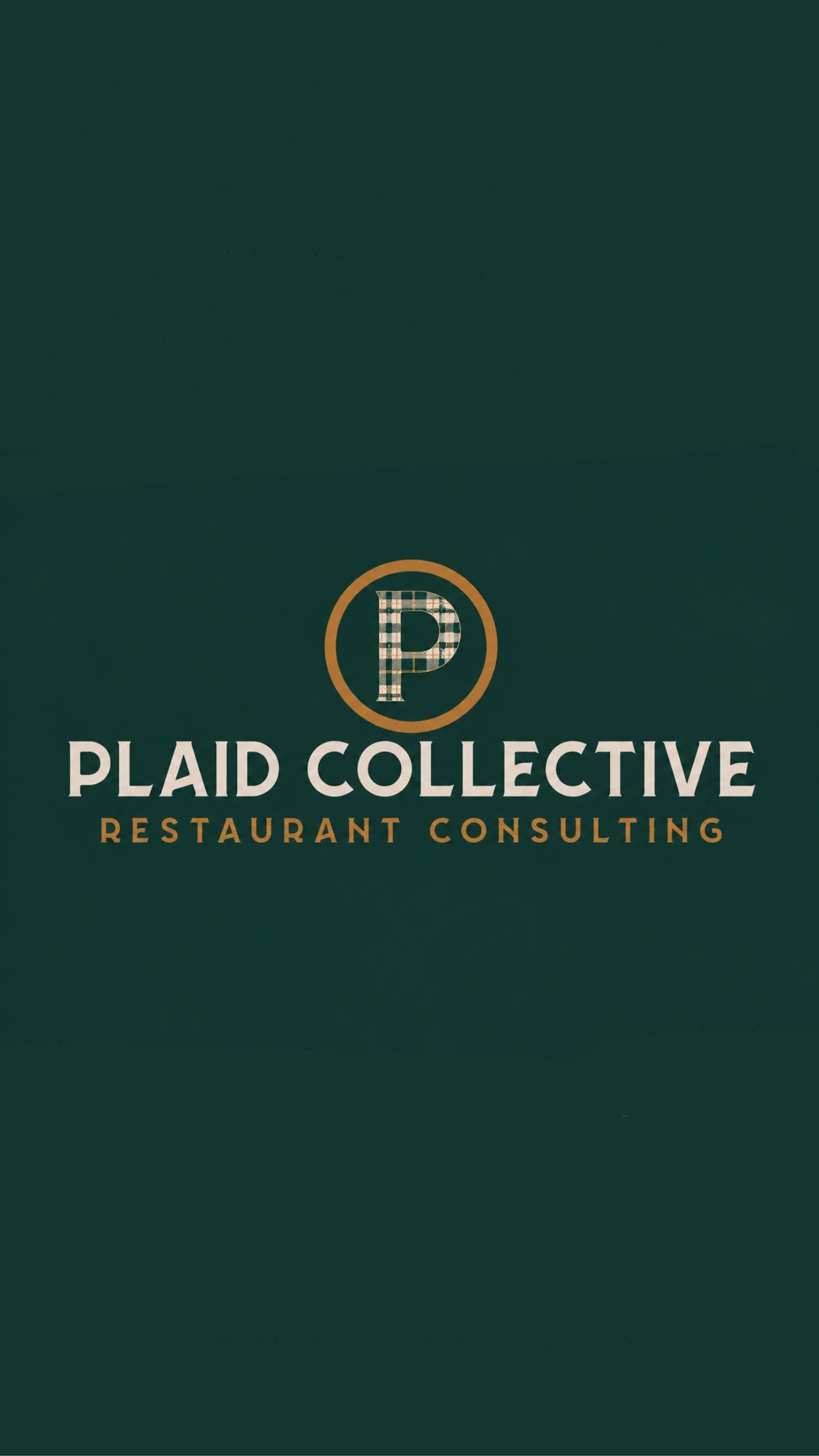 Logo of Plaid Collective, a restaurant consulting business, with a plaid-patterned 'P' inside a circle on a dark green background.