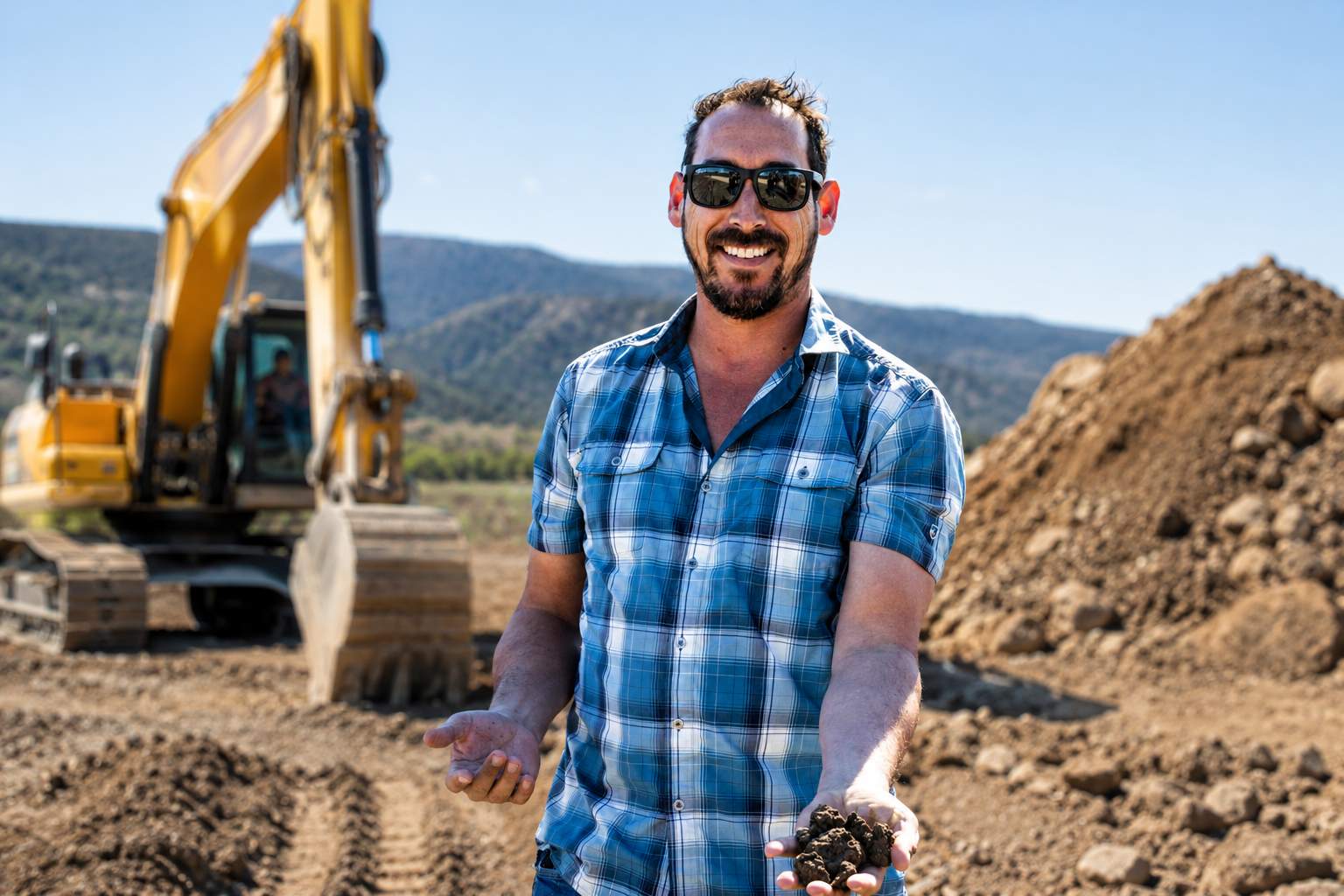 Man in sunglasses smiling at the camera while holding dirt clumps at a construction site with an excavator and mountains in the background.