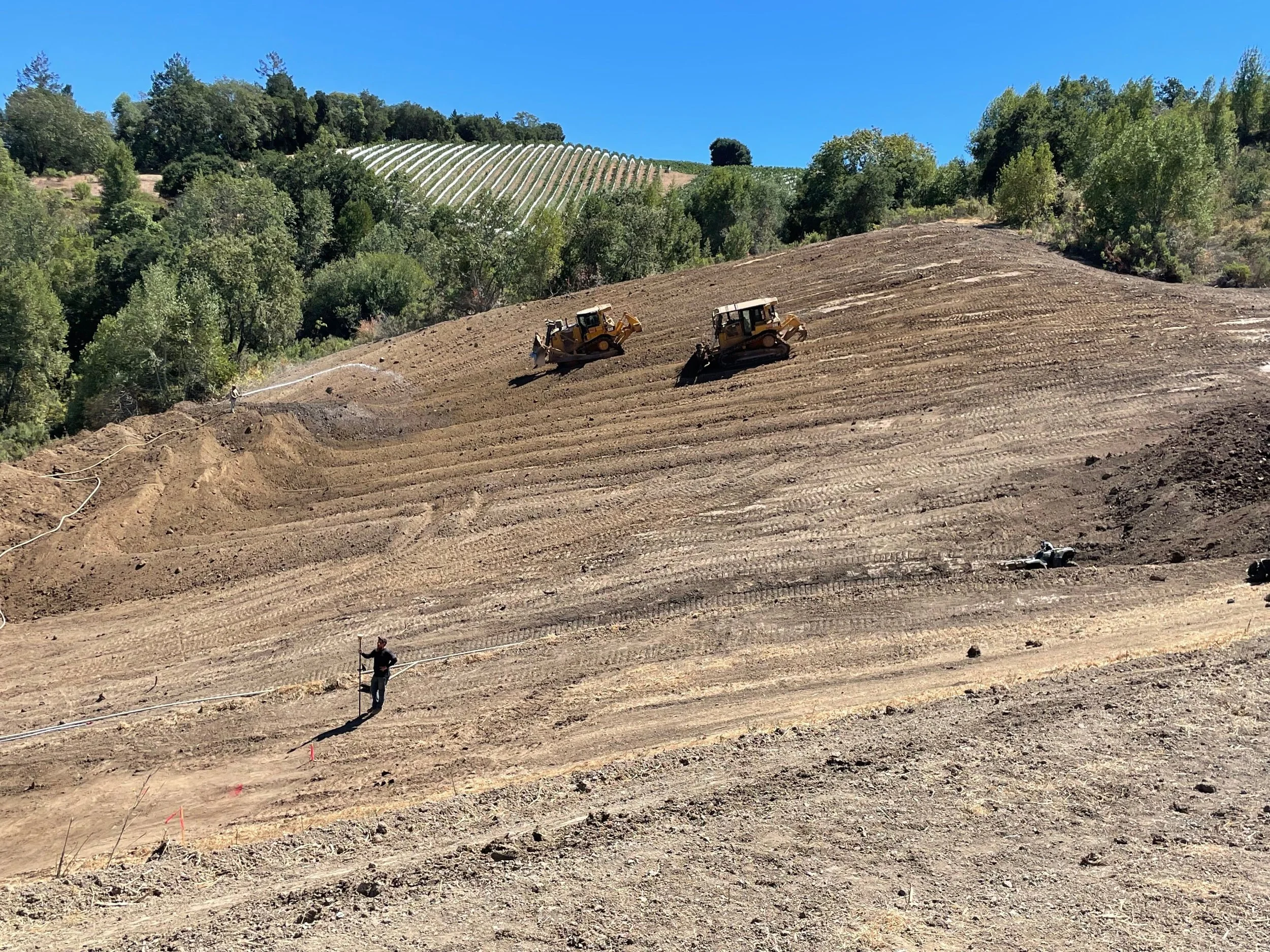 Construction workers operating heavy machinery on a sloped dirt hill during land development, with trees and a vineyard on the hillside in the background against a clear blue sky.